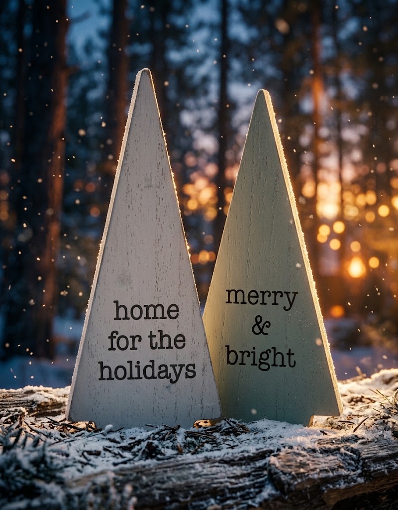 Set of rustic wooden holiday trees with "home for the holidays" and "merry & bright" inscriptions in a snowy winter scene, delivered across Lebanon.