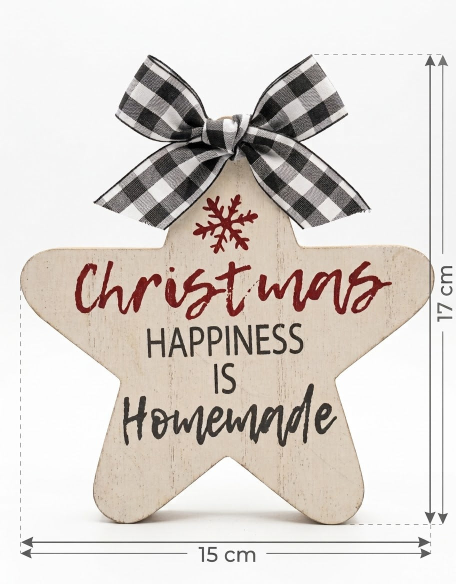 Dimensions diagram for the wooden star Christmas decor piece, showing measurements of 15 cm in width and 17 cm in total height including the top bow.