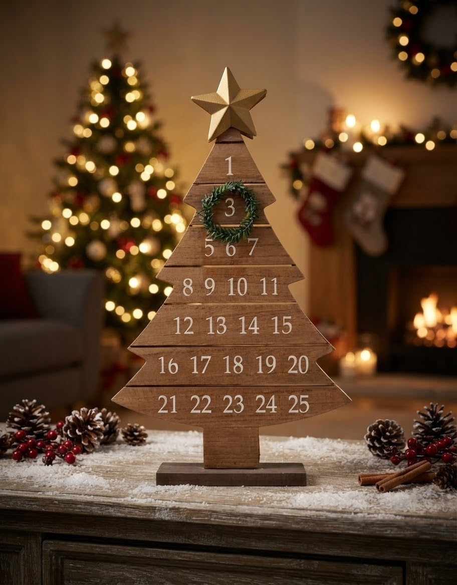 Tabletop wooden Christmas tree advent calendar with star topper and pine cones beside a cozy fireplace, holiday delivery across Lebanon.