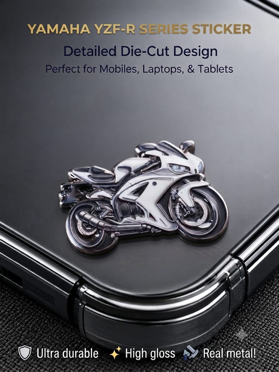 Yamaha YZF-R series die-cut metal enamel sticker with a high-gloss finish mounted on a black smartphone case.