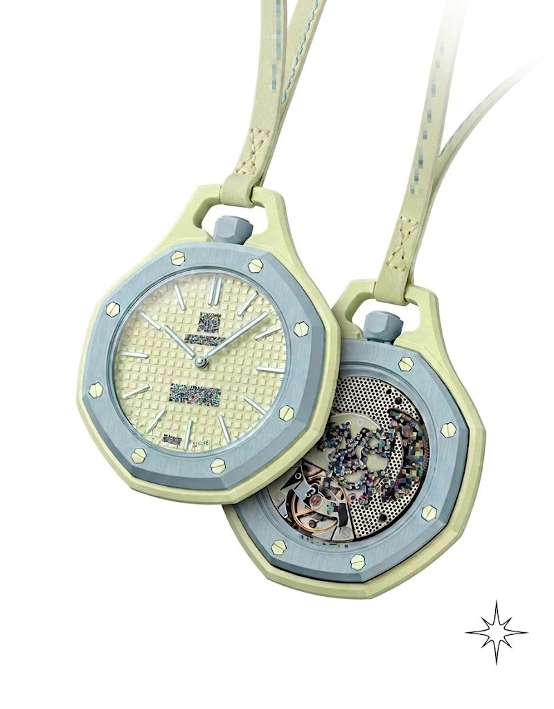 Pastel yellow and light blue bioceramic pendant watch showing textured dial and open exhibition automatic movement caseback.