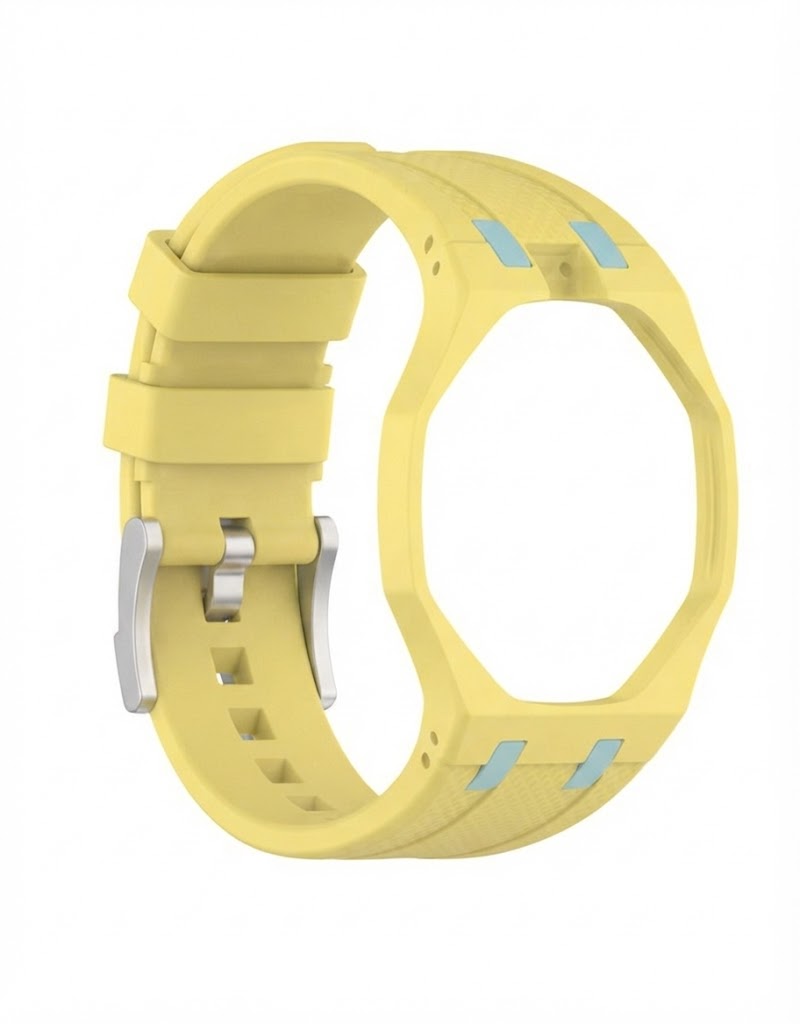 Pastel yellow silicone wristband and octagonal case adapter for bioceramic pendant watch conversion.