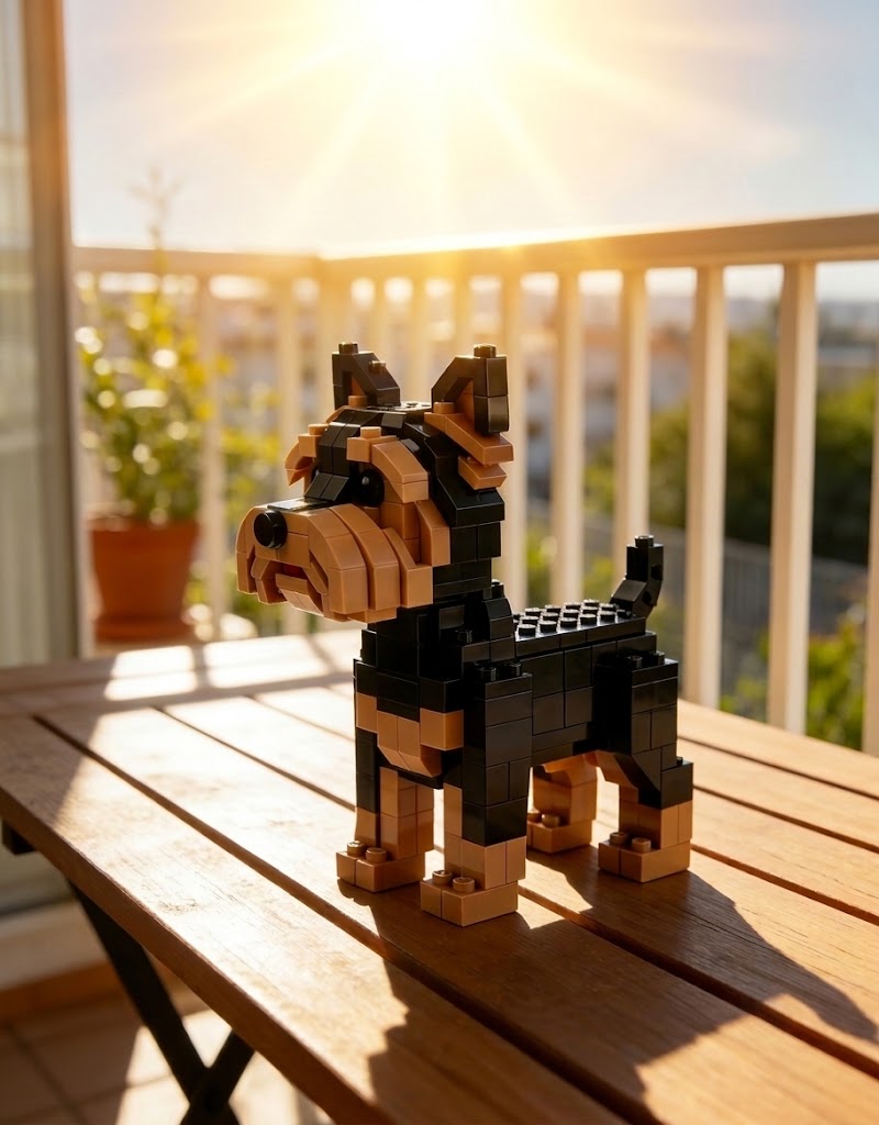 Assembled Yorkie brick puzzle sculpture standing on a wooden table during golden hour on a sunny balcony.