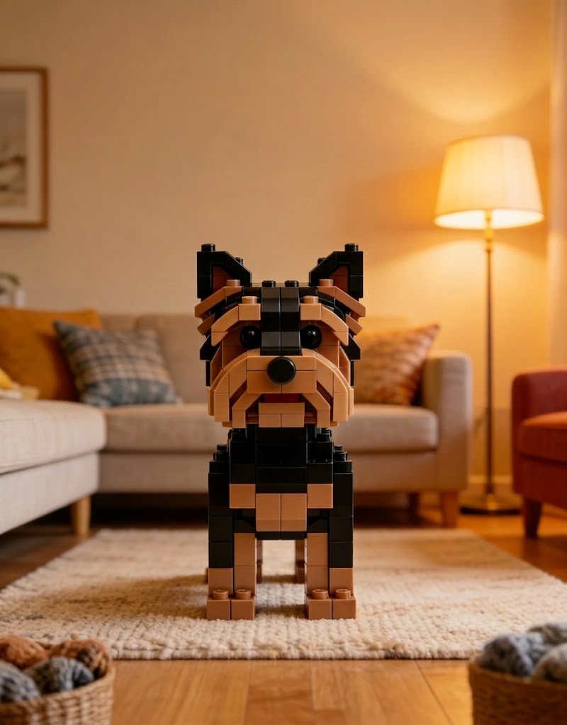 Symmetrical front view of a handmade Yorkshire Terrier brick pet model centered in a cozy living room.