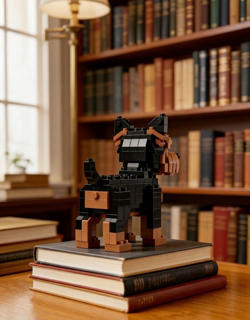 Rear perspective of a block-built Yorkshire Terrier dog statue displayed on vintage books in a home library.