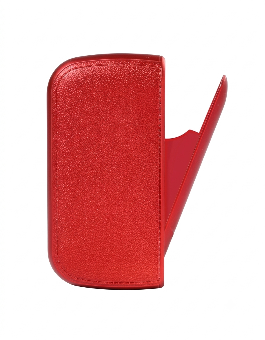 Open red moisture-proof leather cigarette case showing side latch closure and built-in electronic lighter chamber.